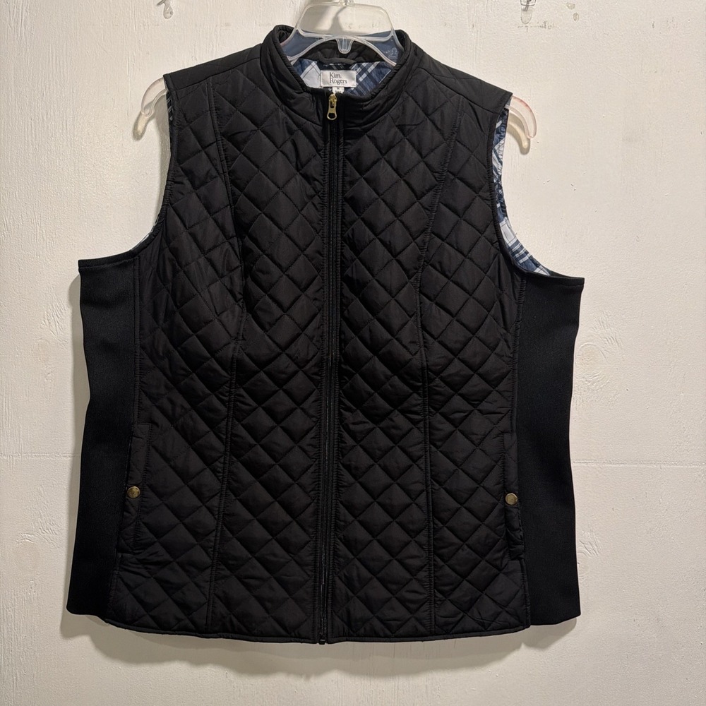 Kim Roger's Women's Black Quilted Vest Sz XL Gold Zipper Side Pockets